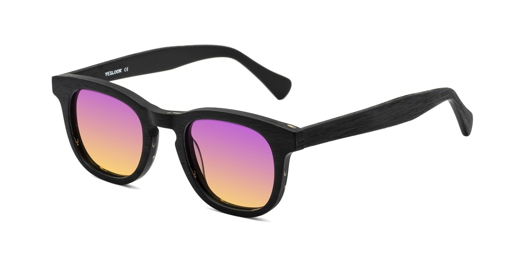 Angle of Tonia in Black Woodgrain with Purple / Yellow Gradient Lenses