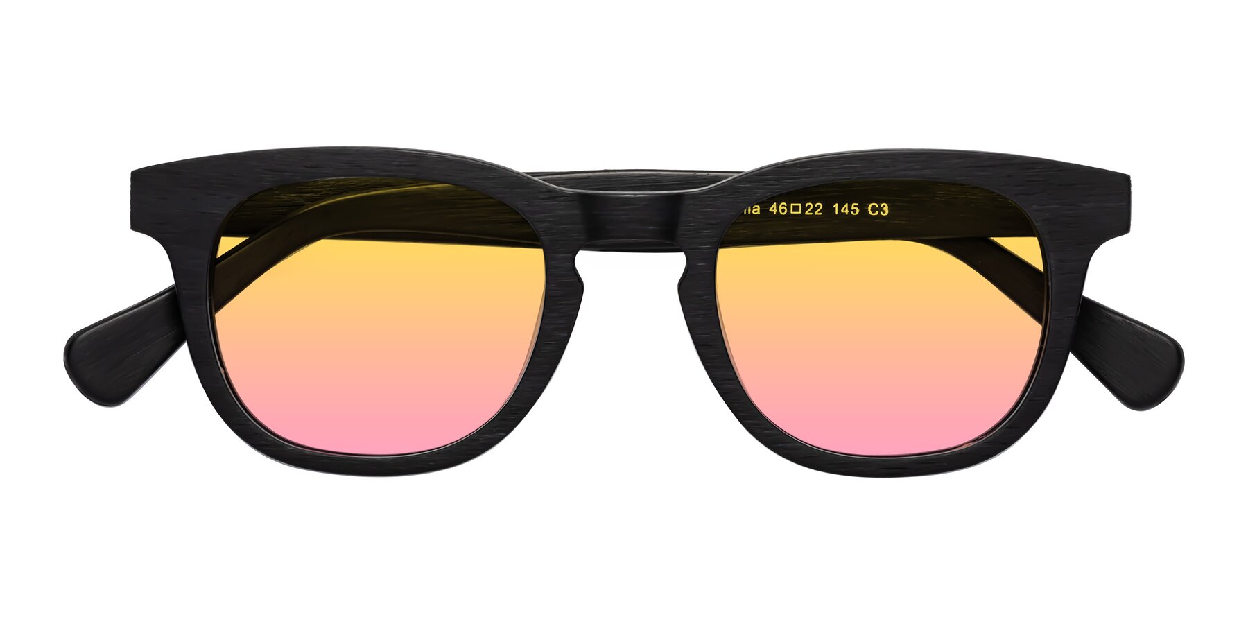 Folded Front of Tonia in Black Woodgrain with Yellow / Pink Gradient Lenses