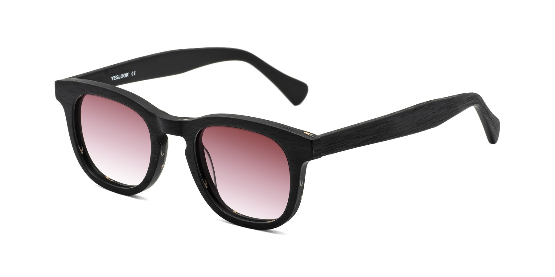 Angle of Tonia in Black Woodgrain with Garnet Gradient Lenses