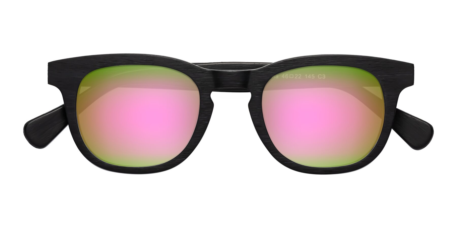 Folded Front of Tonia in Black Woodgrain with Pink Mirrored Lenses