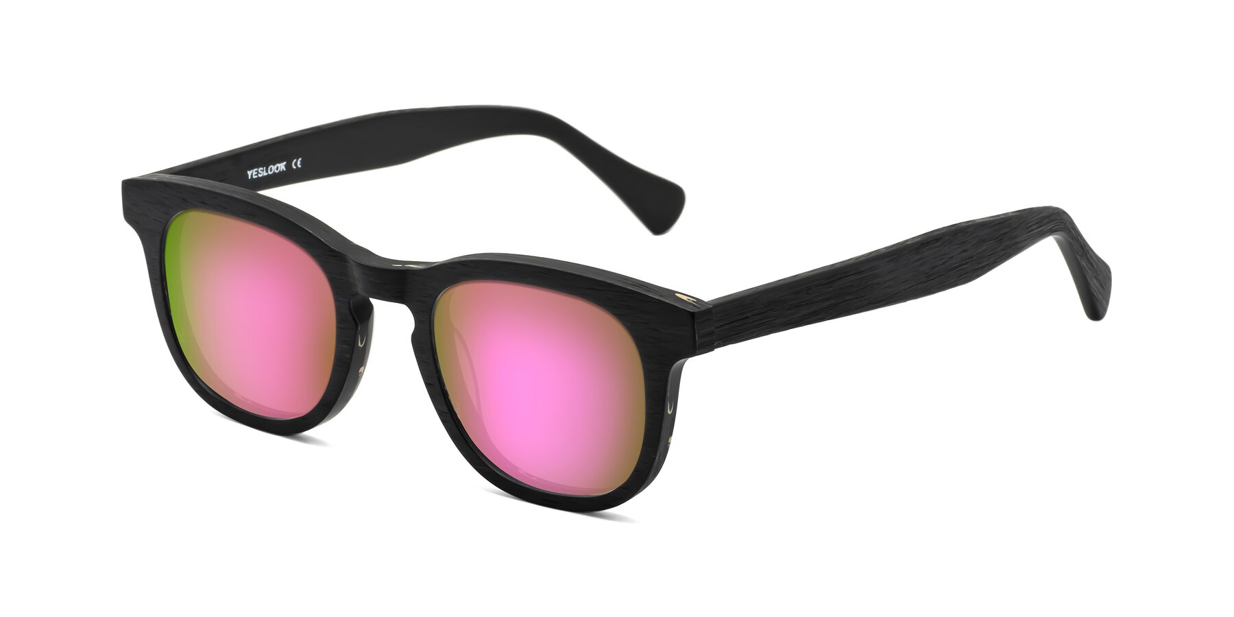 Angle of Tonia in Black Woodgrain with Pink Mirrored Lenses