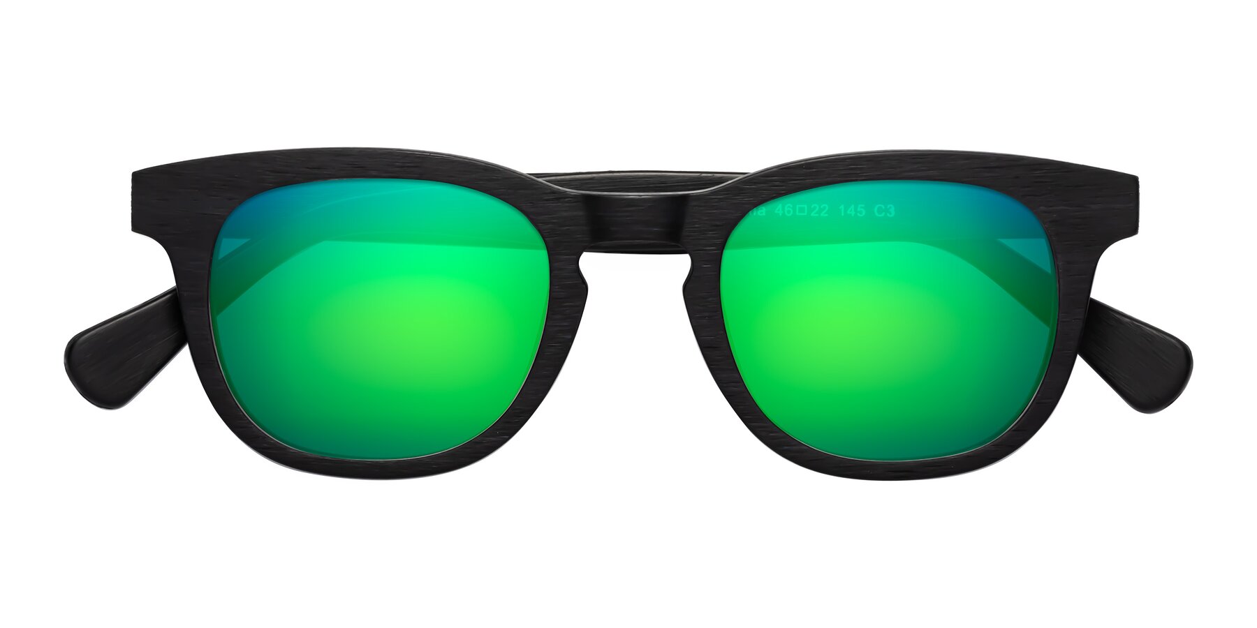 Folded Front of Tonia in Black Woodgrain with Green Mirrored Lenses