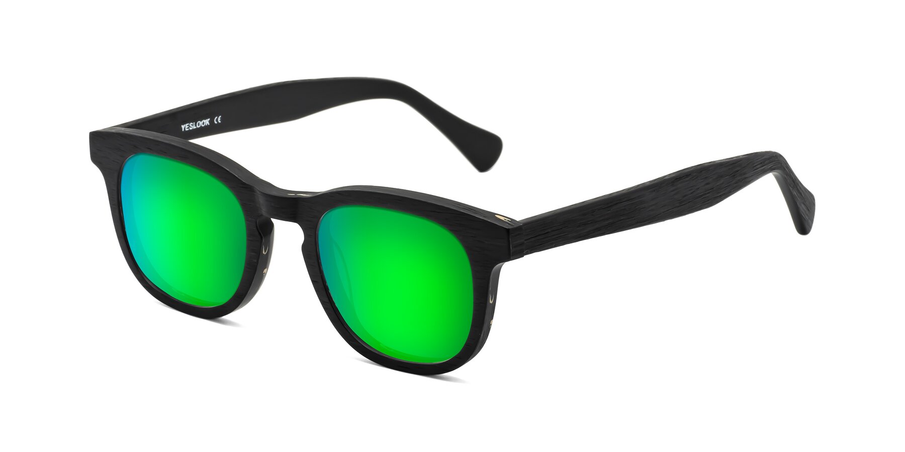 Angle of Tonia in Black Woodgrain with Green Mirrored Lenses