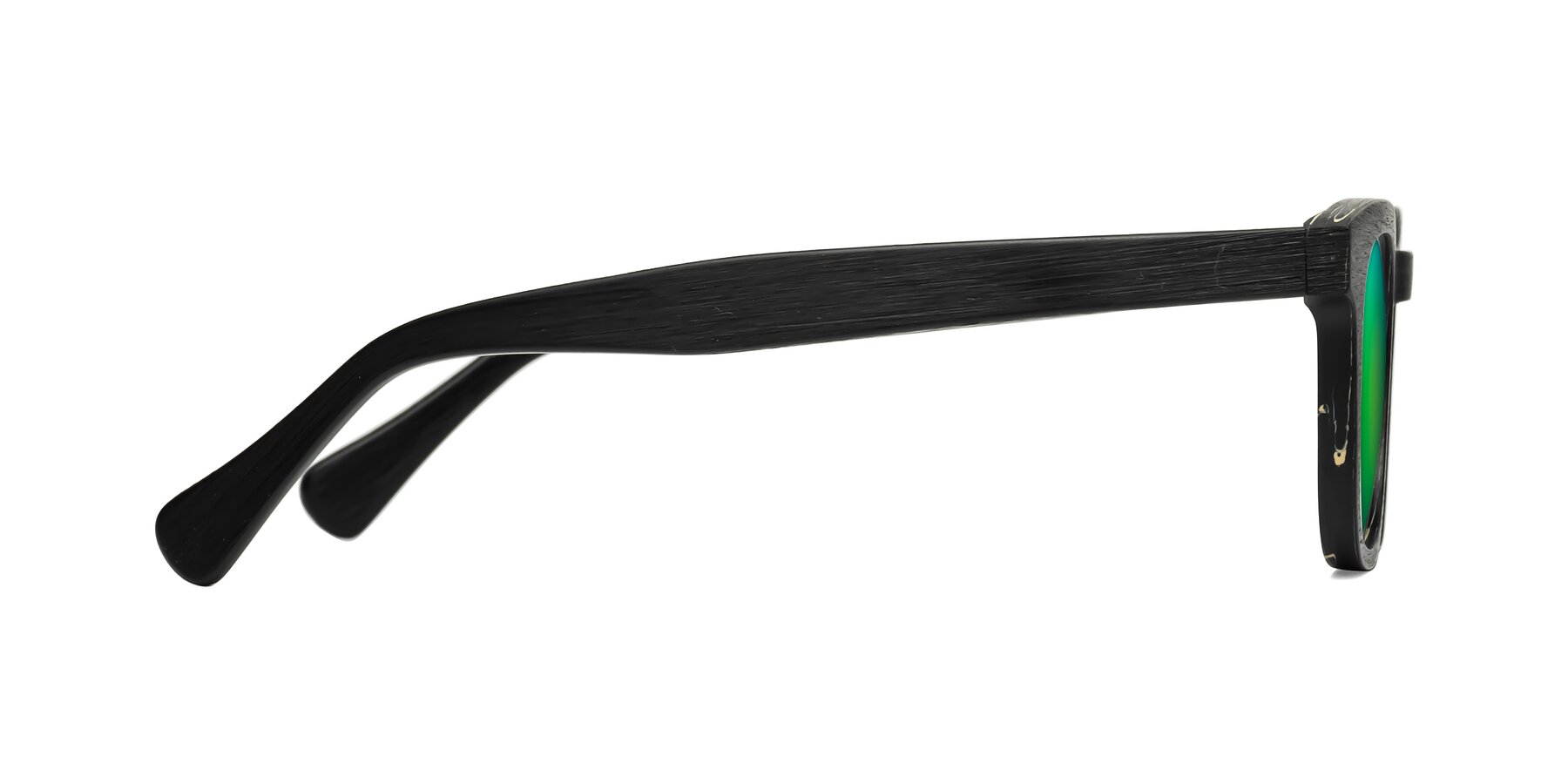 Side of Tonia in Black Woodgrain with Green Mirrored Lenses