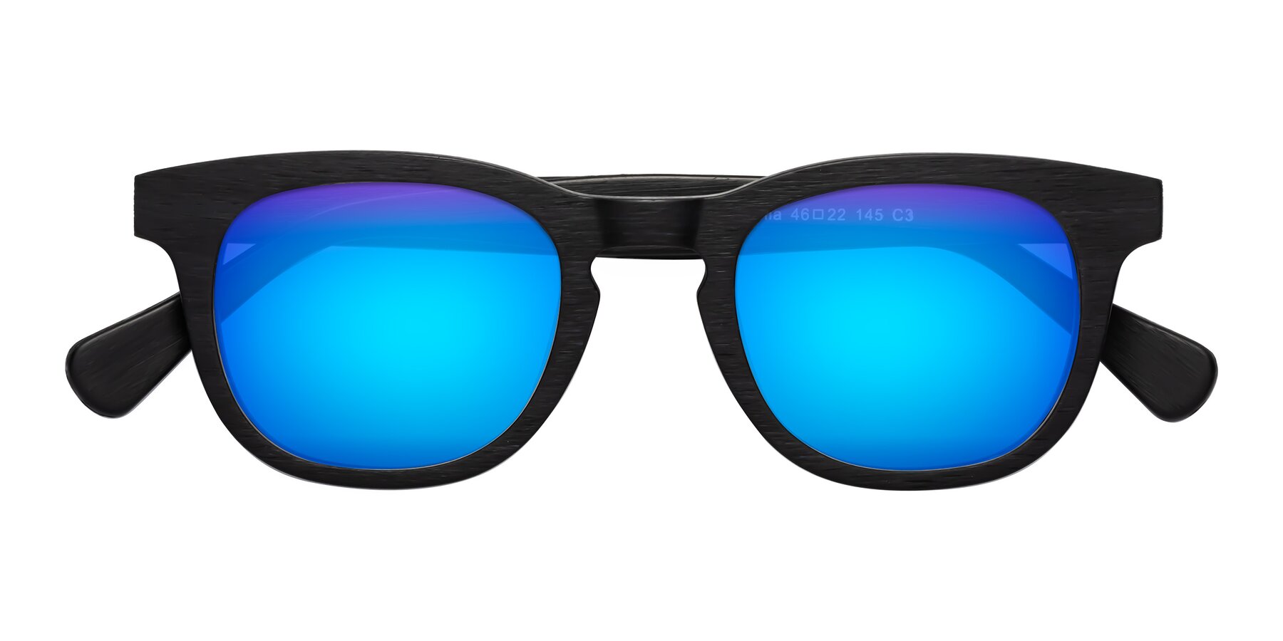 Folded Front of Tonia in Black Woodgrain with Blue Mirrored Lenses