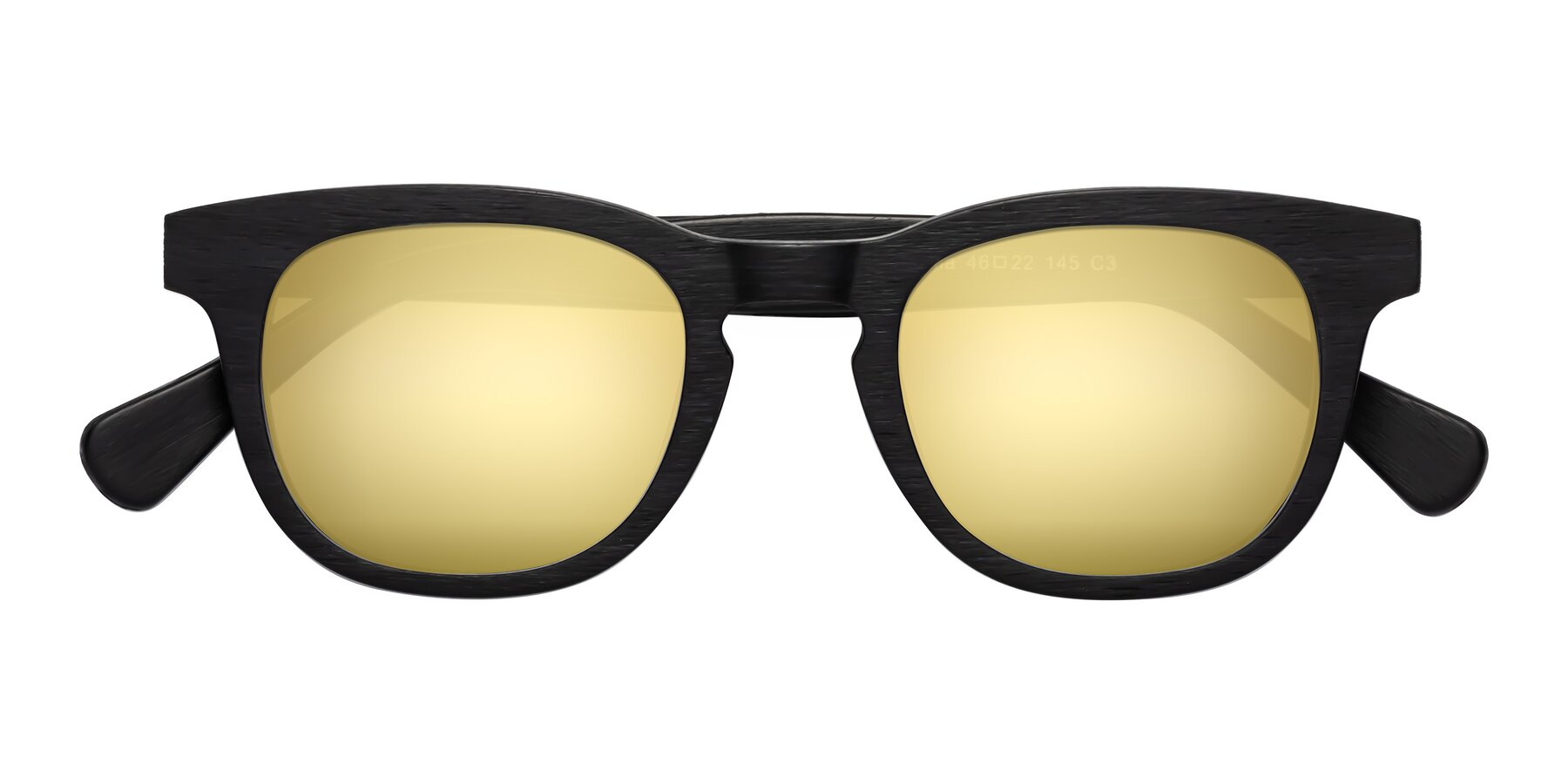 Folded Front of Tonia in Black Woodgrain with Gold Mirrored Lenses