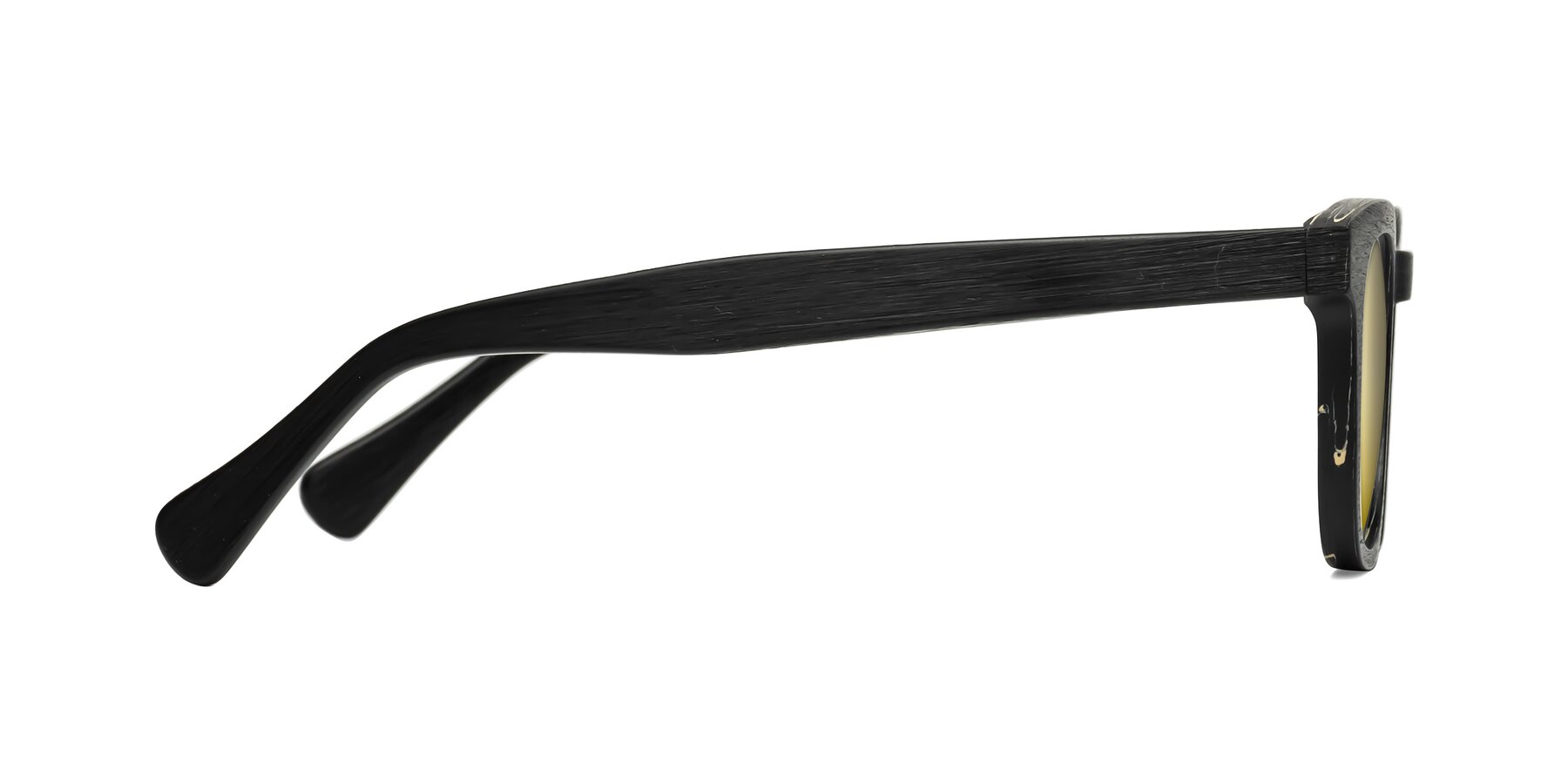 Side of Tonia in Black Woodgrain with Gold Mirrored Lenses