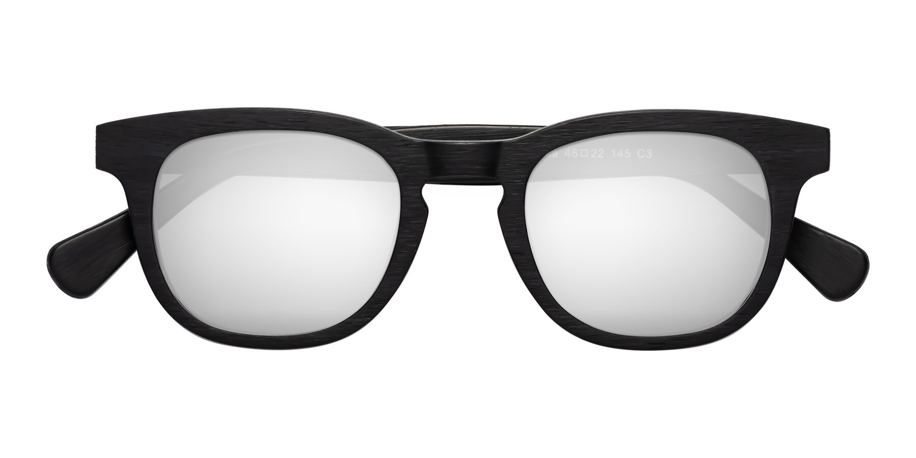 Folded Front of Tonia in Black Woodgrain with Silver Mirrored Lenses