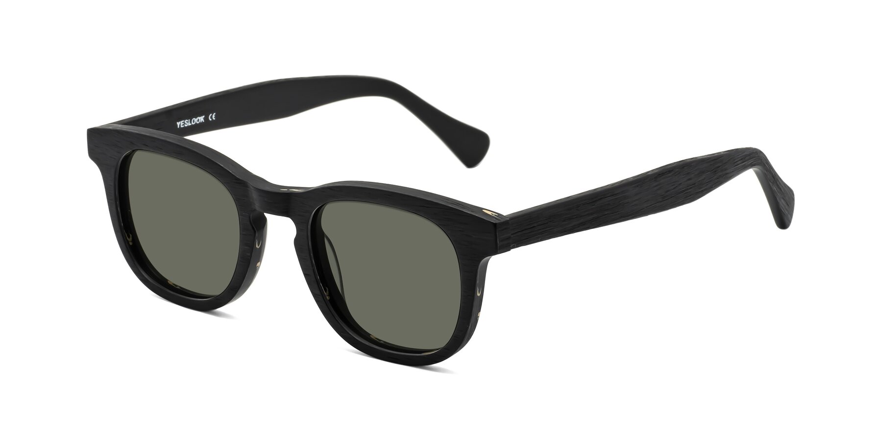 Angle of Tonia in Black Woodgrain with Gray Polarized Lenses