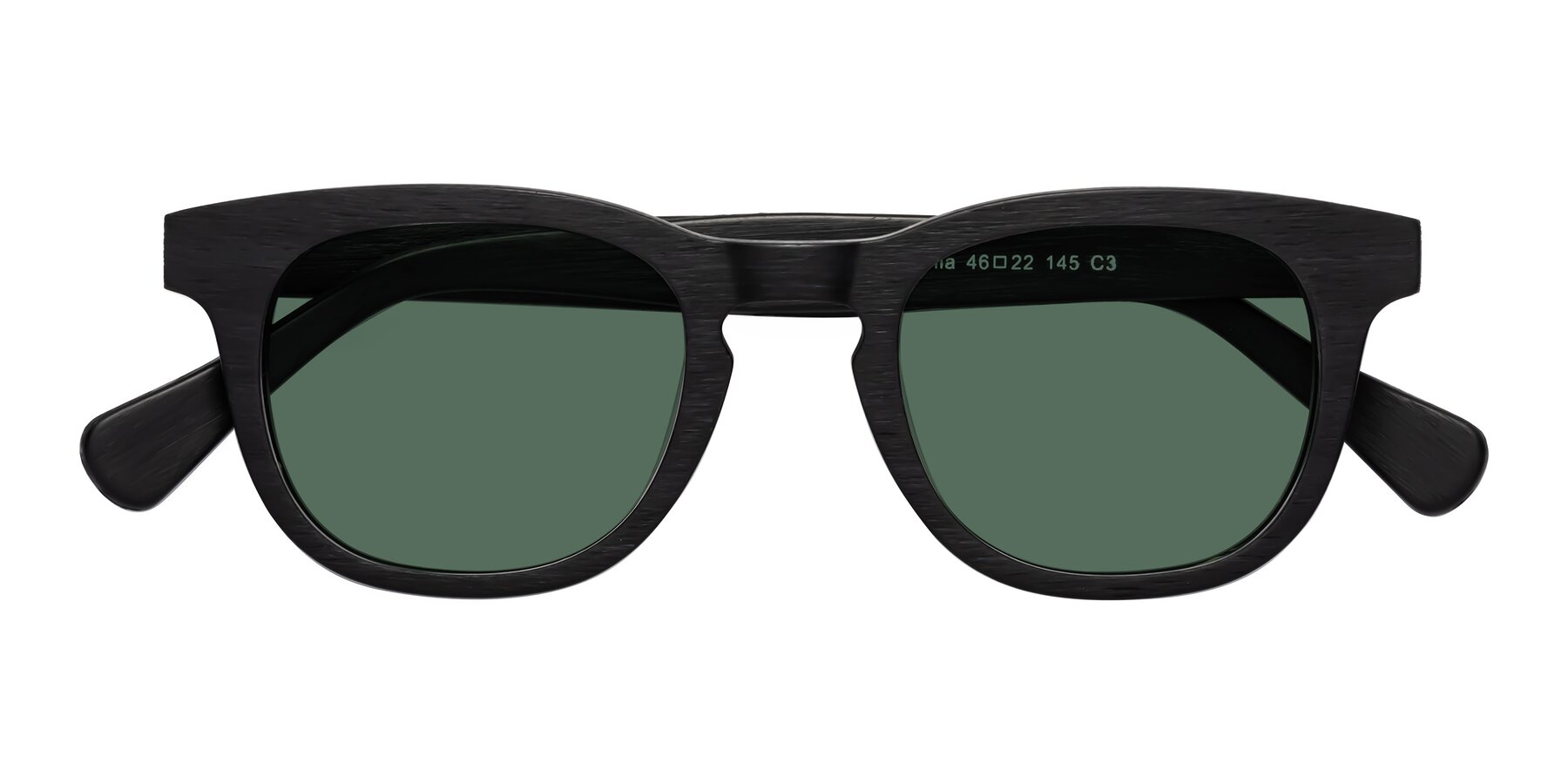 Folded Front of Tonia in Black Woodgrain with Green Polarized Lenses