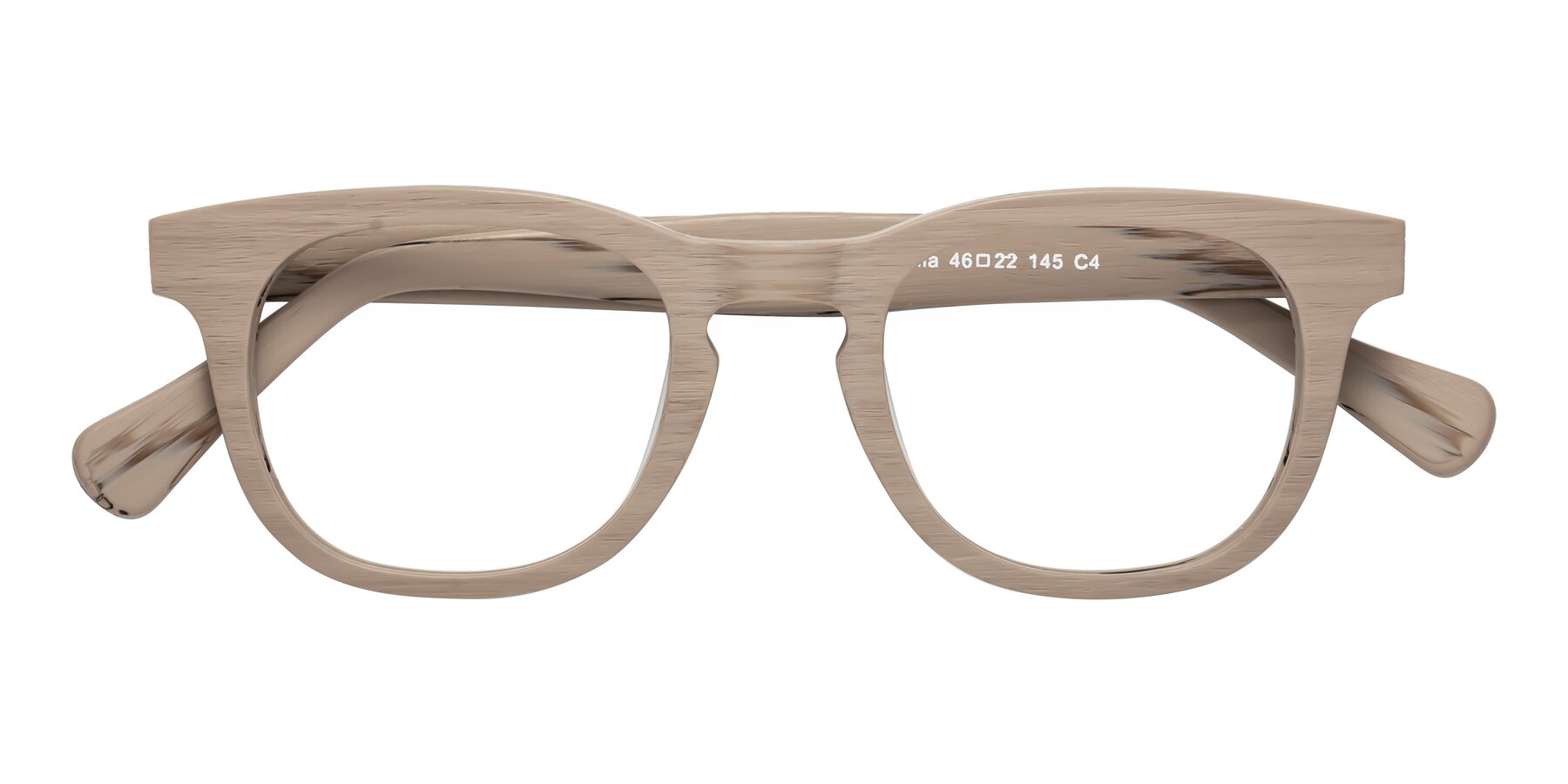 Folded Front of Tonia in Pale Mauve Woodgrain with Clear Eyeglass Lenses