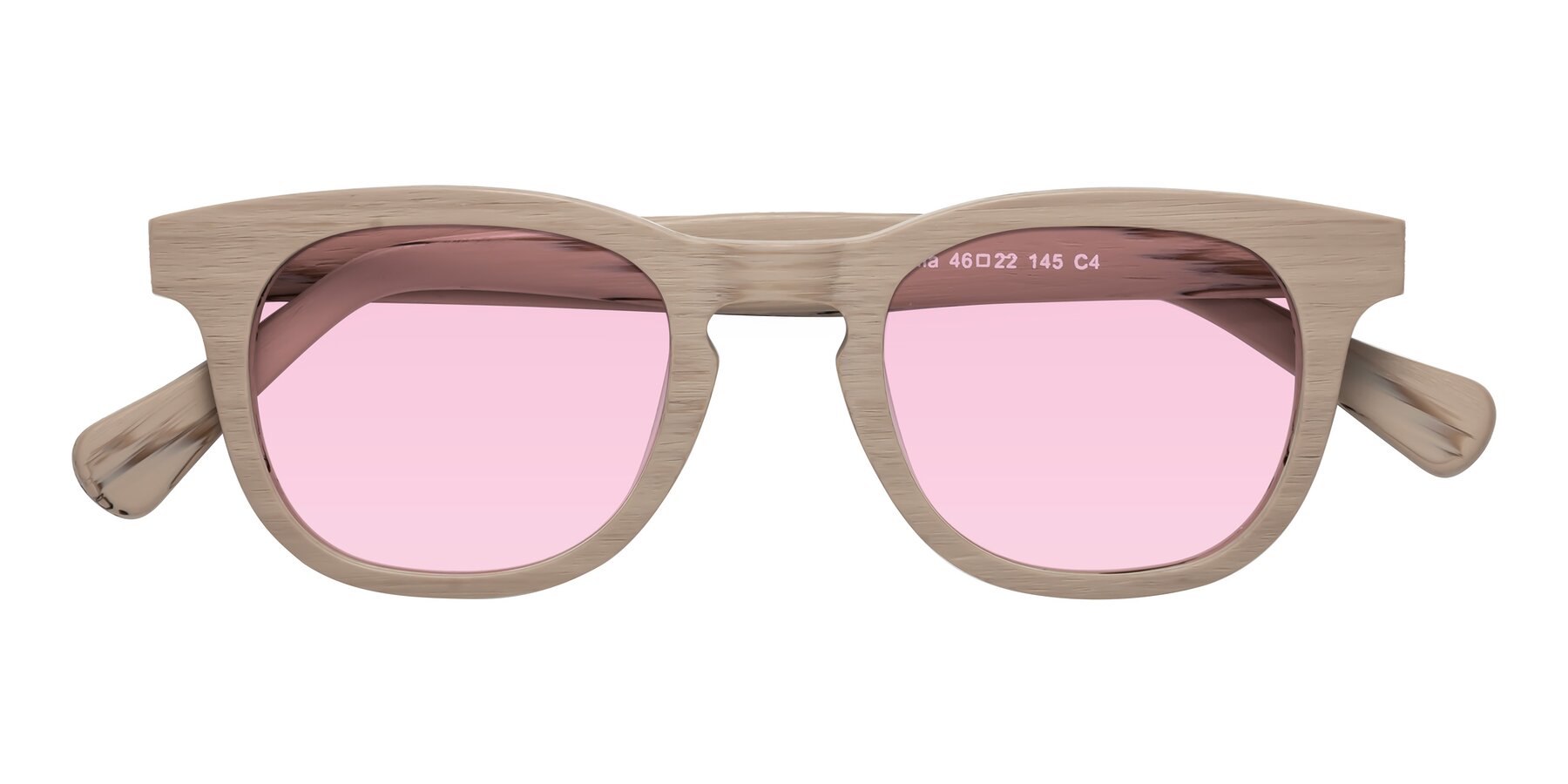 Folded Front of Tonia in Pale Mauve Woodgrain with Light Pink Tinted Lenses