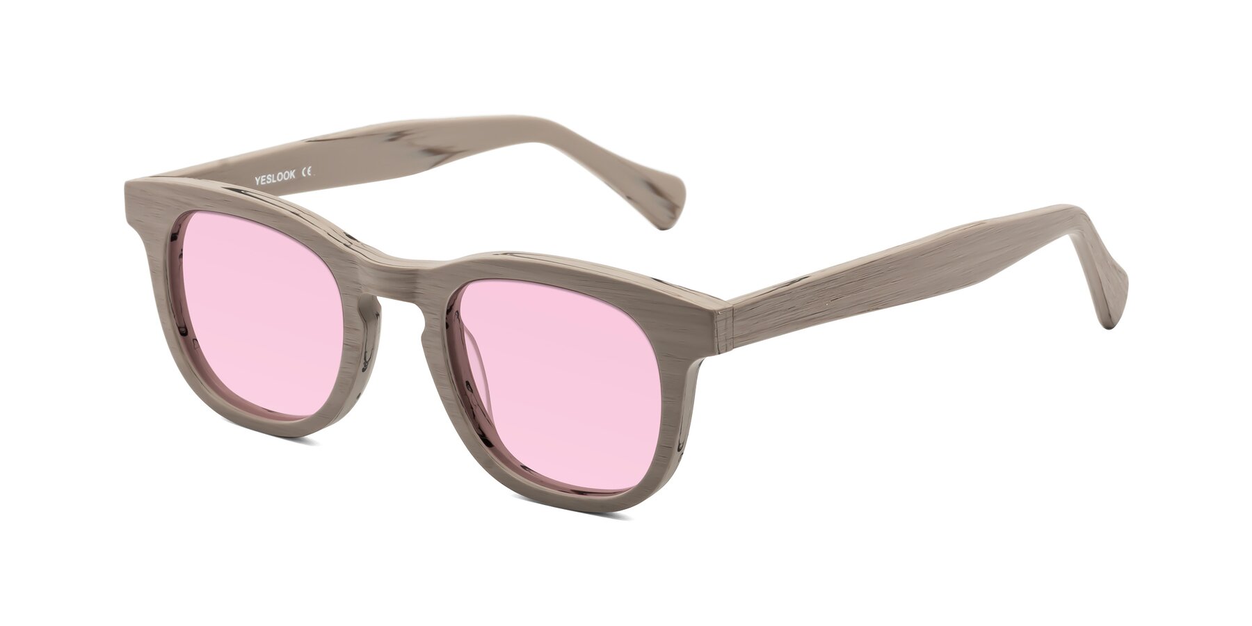 Angle of Tonia in Pale Mauve Woodgrain with Light Pink Tinted Lenses