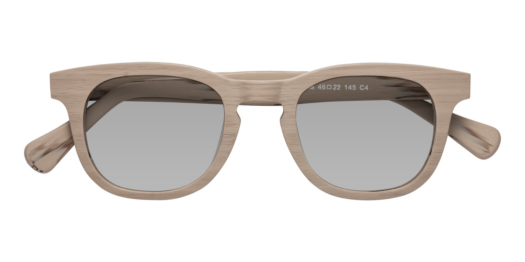 Folded Front of Tonia in Pale Mauve Woodgrain with Light Gray Tinted Lenses