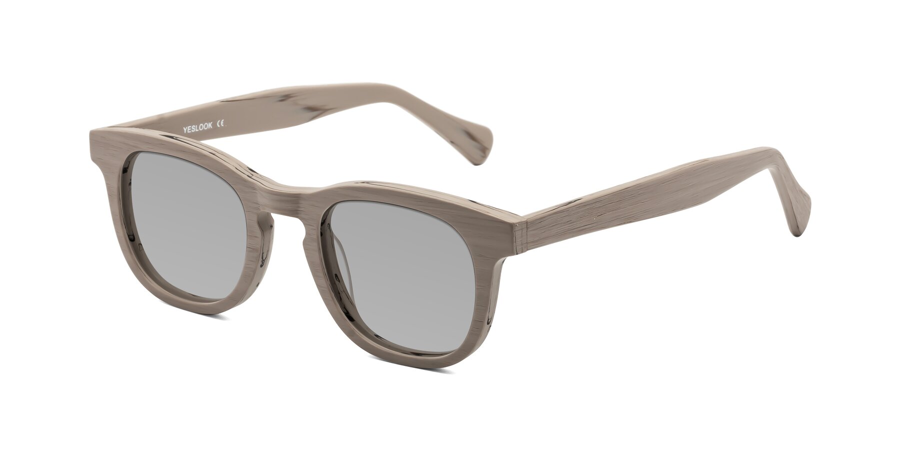 Angle of Tonia in Pale Mauve Woodgrain with Light Gray Tinted Lenses