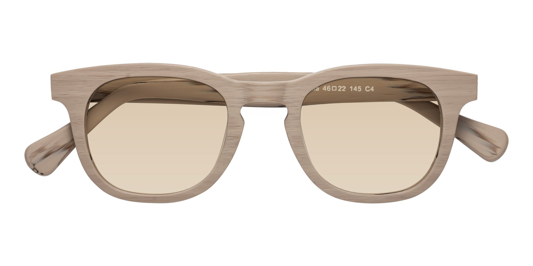 Folded Front of Tonia in Pale Mauve Woodgrain with Light Brown Tinted Lenses