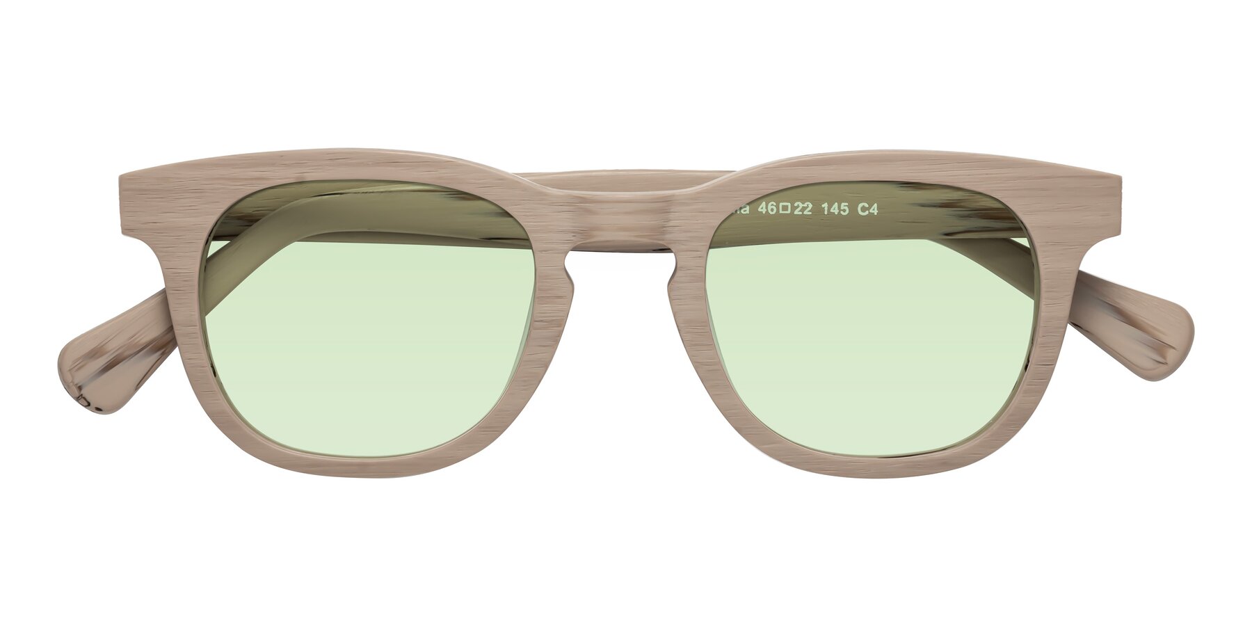 Folded Front of Tonia in Pale Mauve Woodgrain with Light Green Tinted Lenses