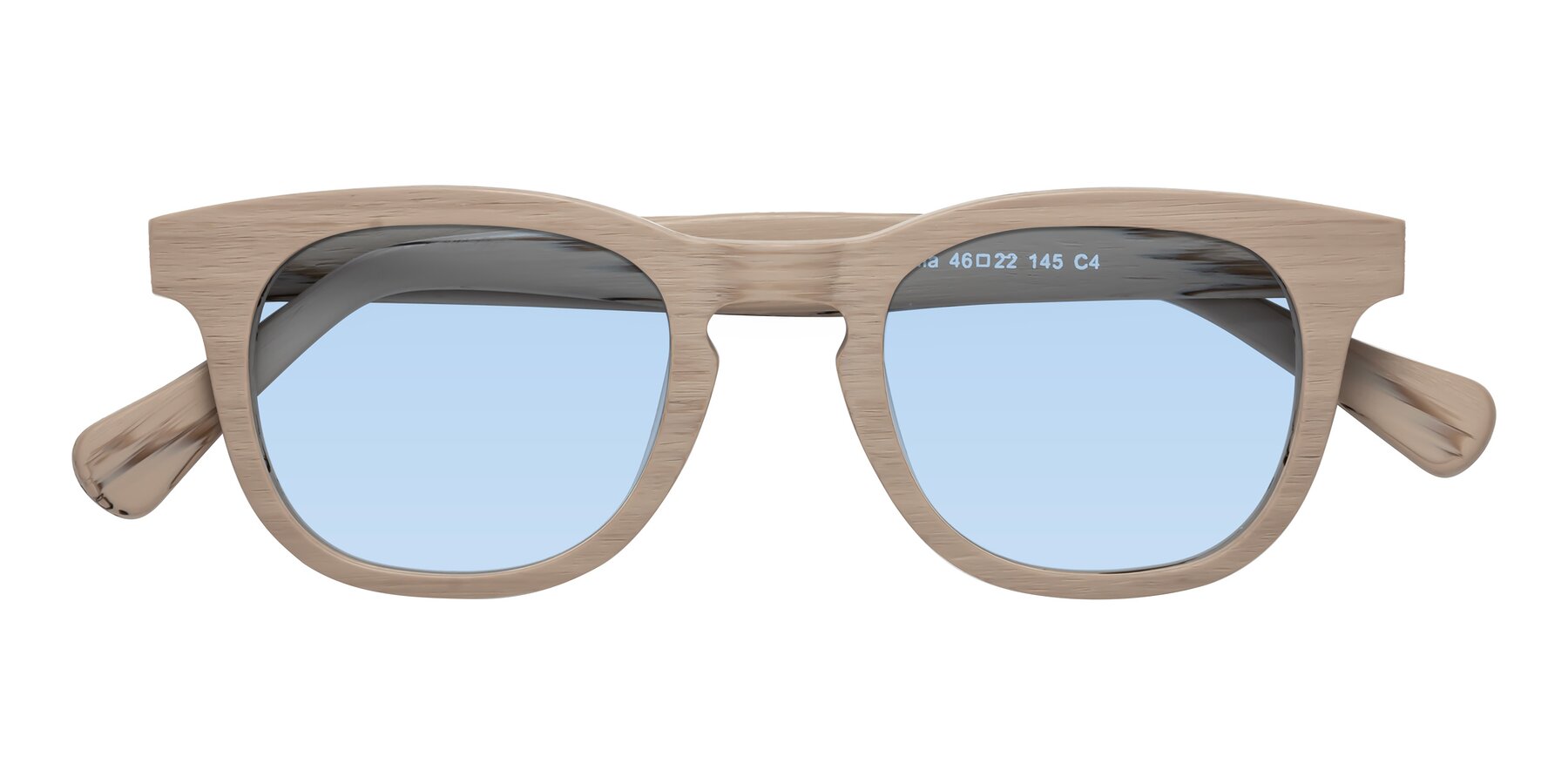 Folded Front of Tonia in Pale Mauve Woodgrain with Light Blue Tinted Lenses