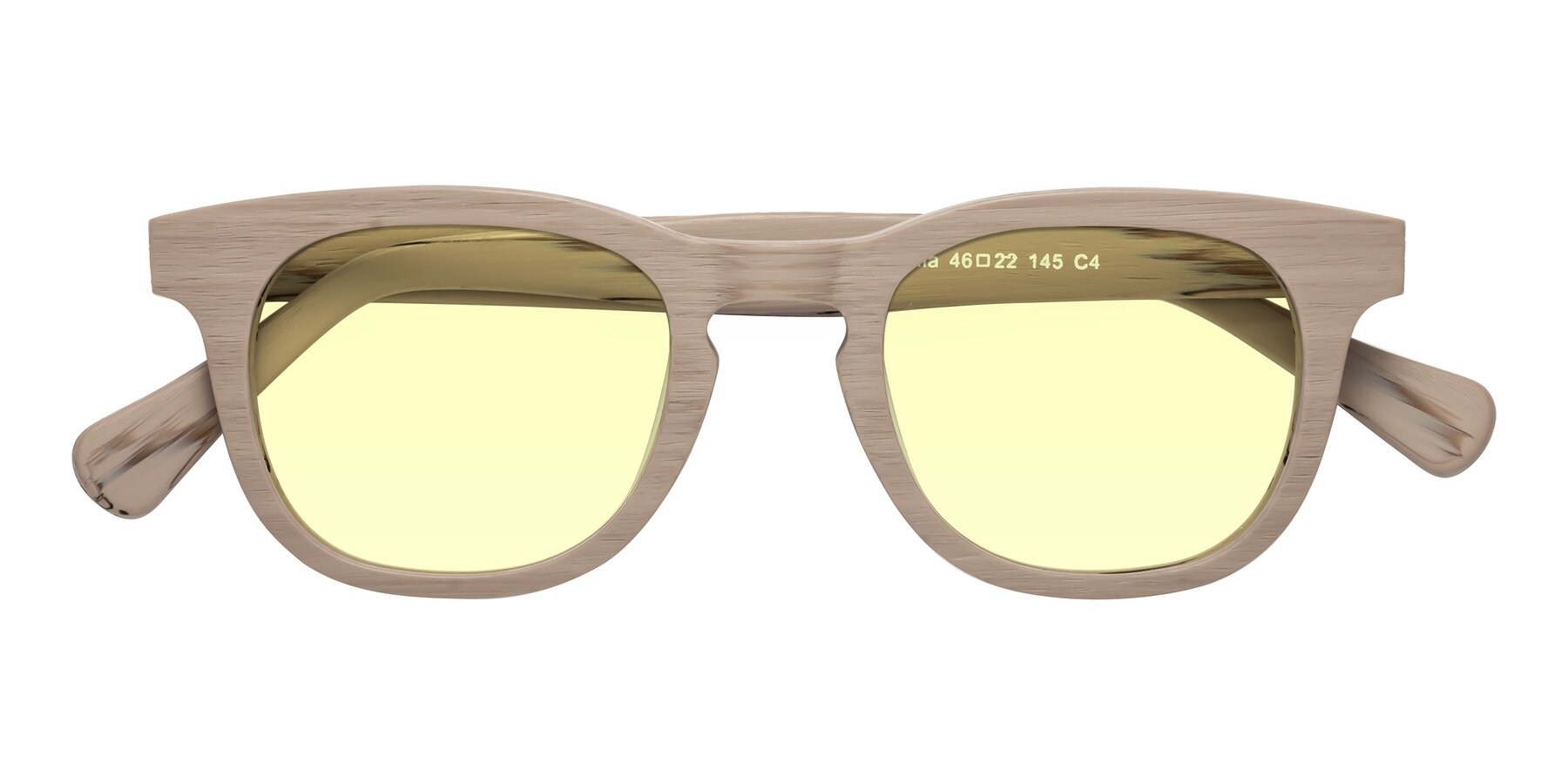 Folded Front of Tonia in Pale Mauve Woodgrain with Light Yellow Tinted Lenses