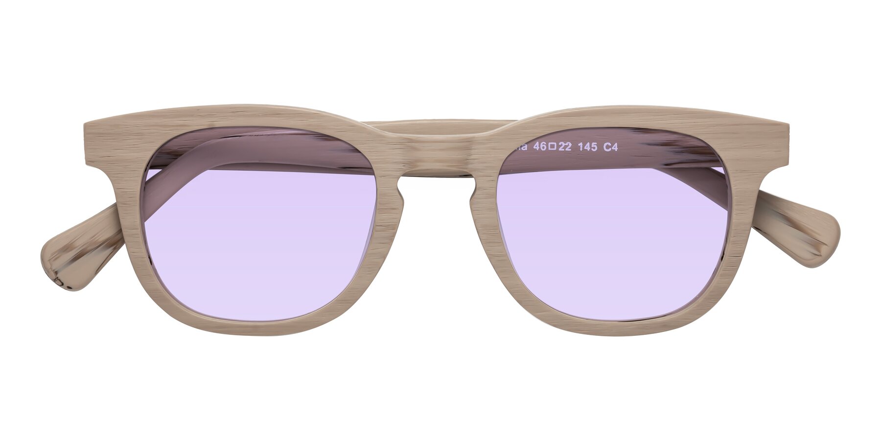 Folded Front of Tonia in Pale Mauve Woodgrain with Light Purple Tinted Lenses