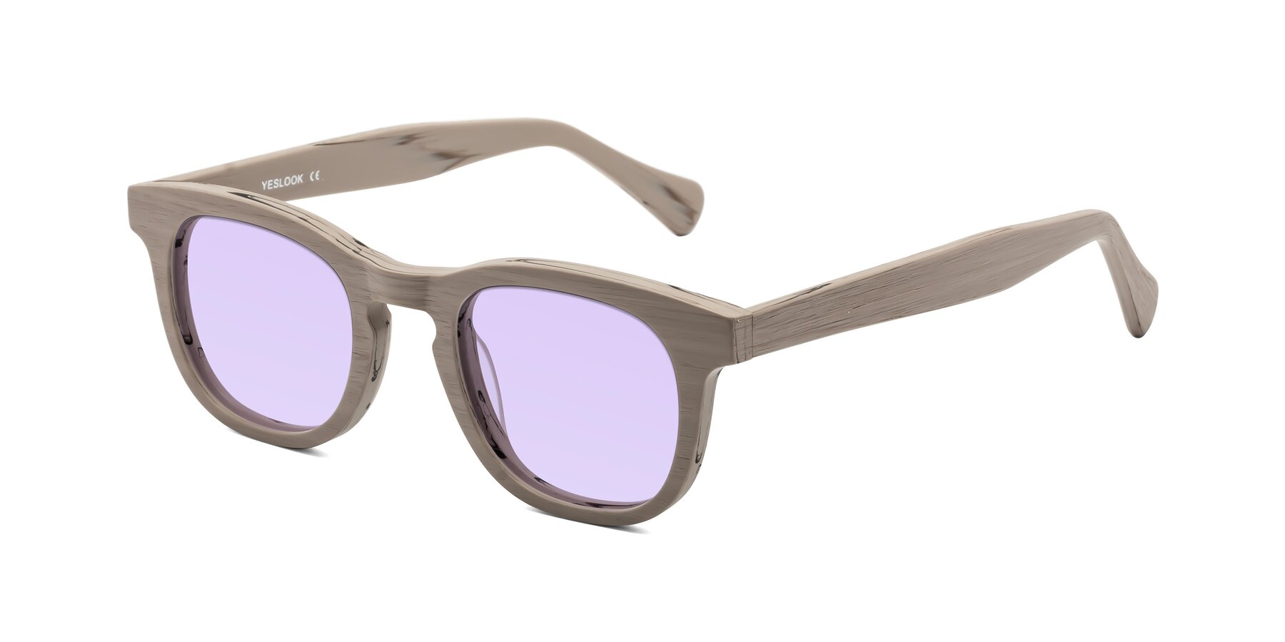 Angle of Tonia in Pale Mauve Woodgrain with Light Purple Tinted Lenses