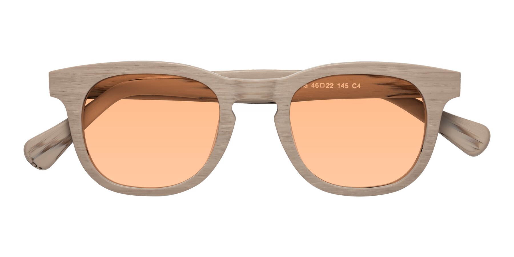 Folded Front of Tonia in Pale Mauve Woodgrain with Light Orange Tinted Lenses