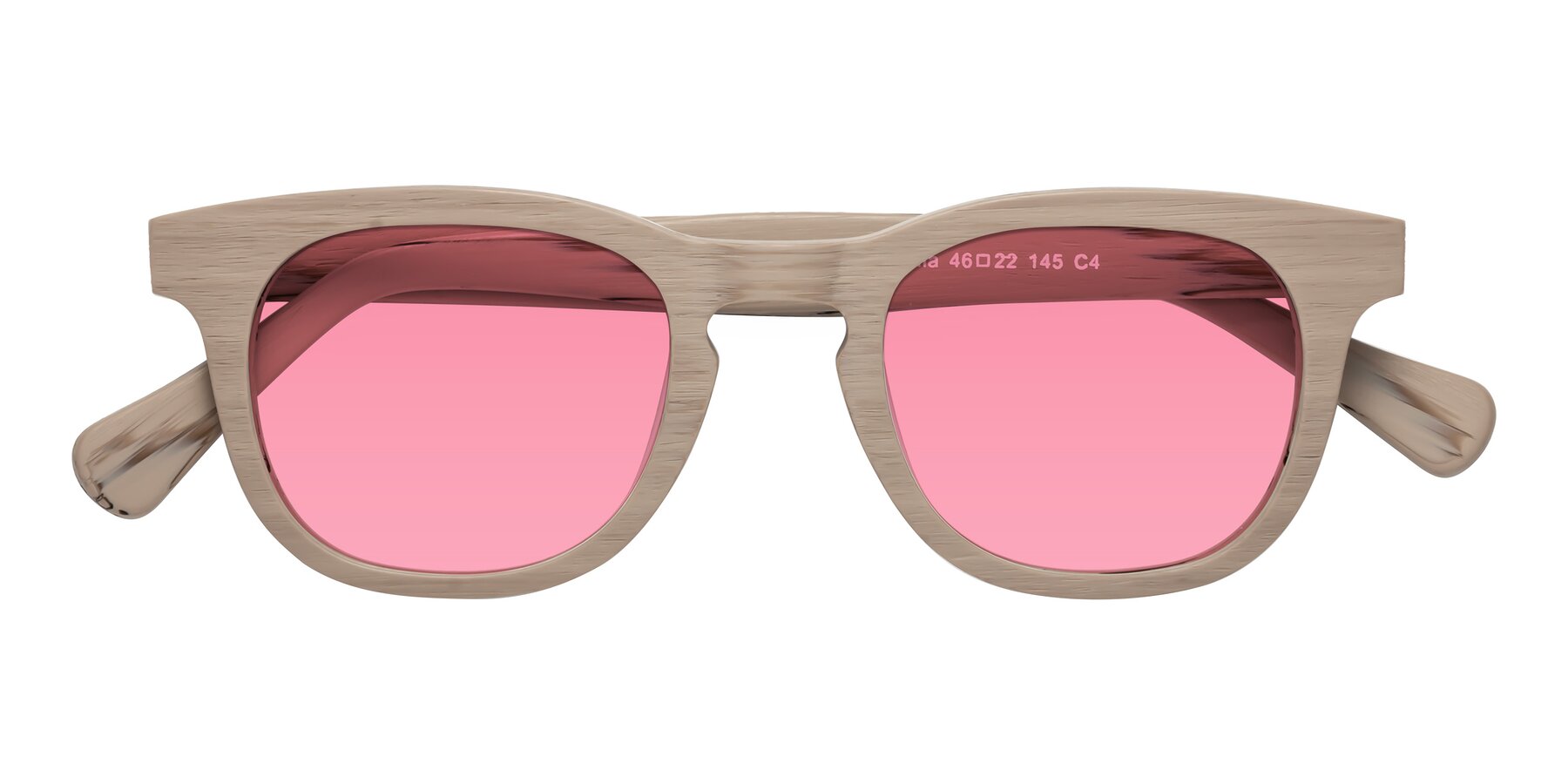 Folded Front of Tonia in Pale Mauve Woodgrain with Pink Tinted Lenses