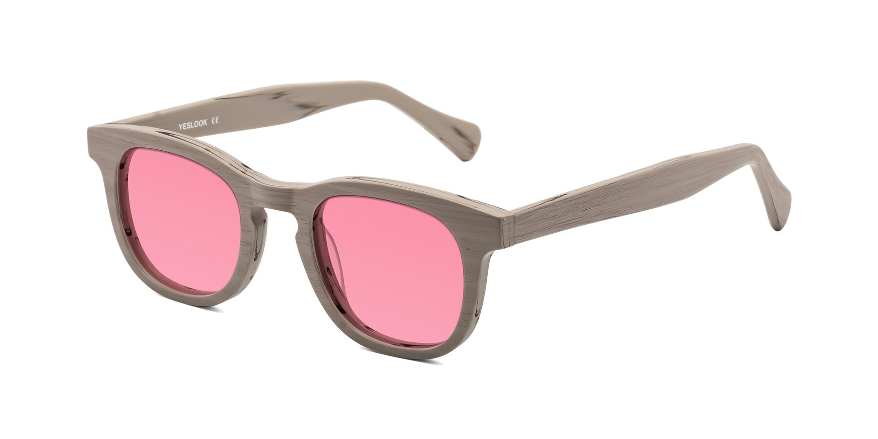 Angle of Tonia in Pale Mauve Woodgrain with Pink Tinted Lenses