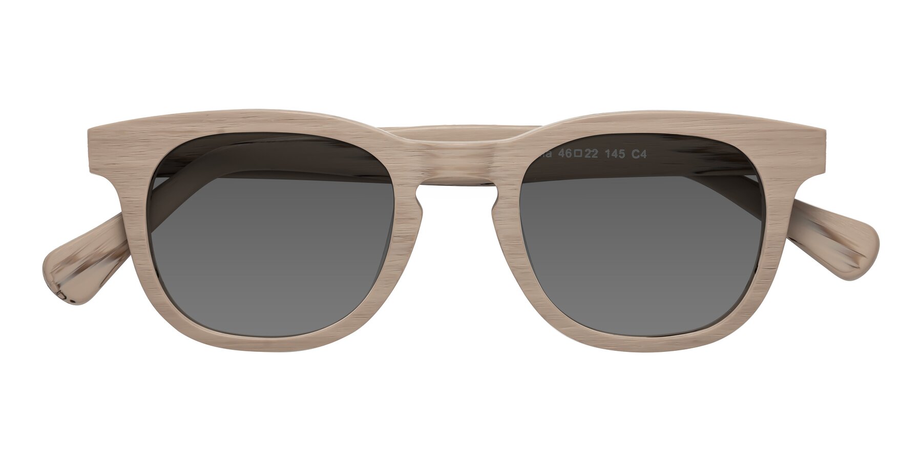 Folded Front of Tonia in Pale Mauve Woodgrain with Medium Gray Tinted Lenses