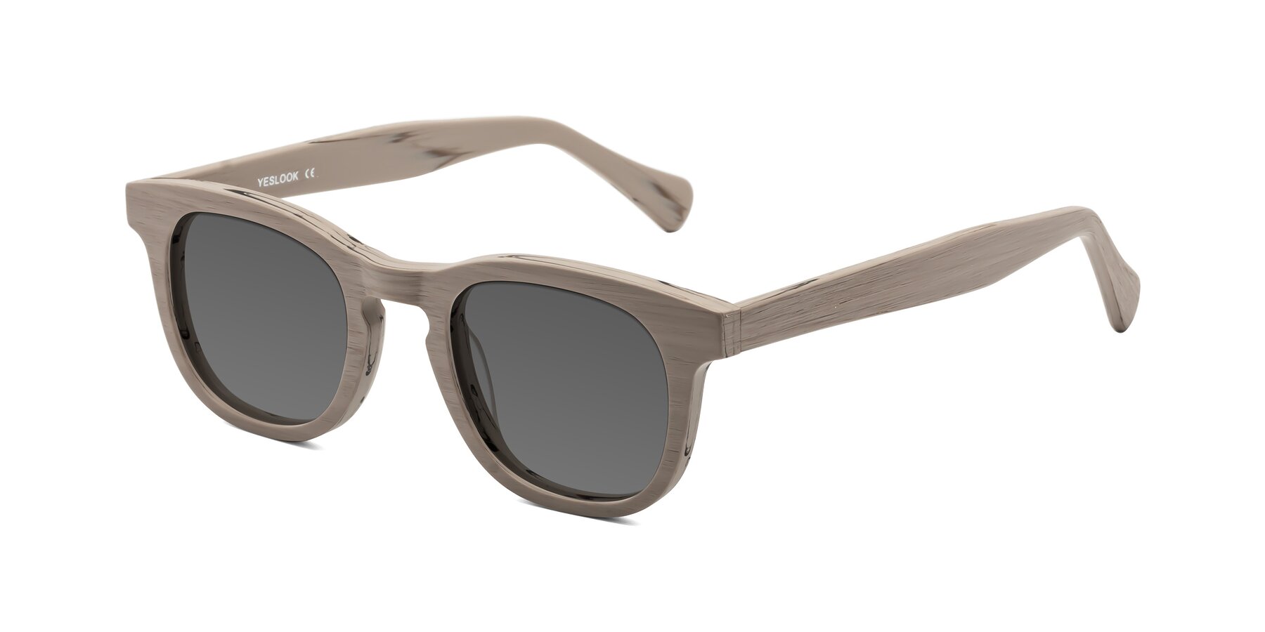 Angle of Tonia in Pale Mauve Woodgrain with Medium Gray Tinted Lenses