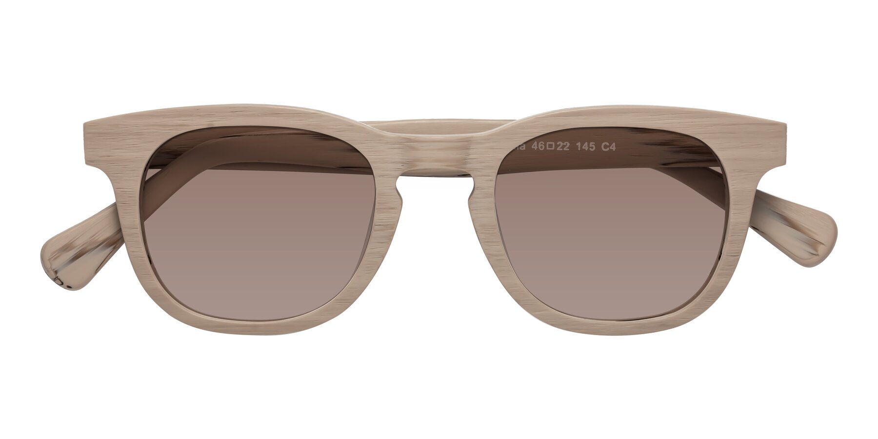 Folded Front of Tonia in Pale Mauve Woodgrain with Medium Brown Tinted Lenses