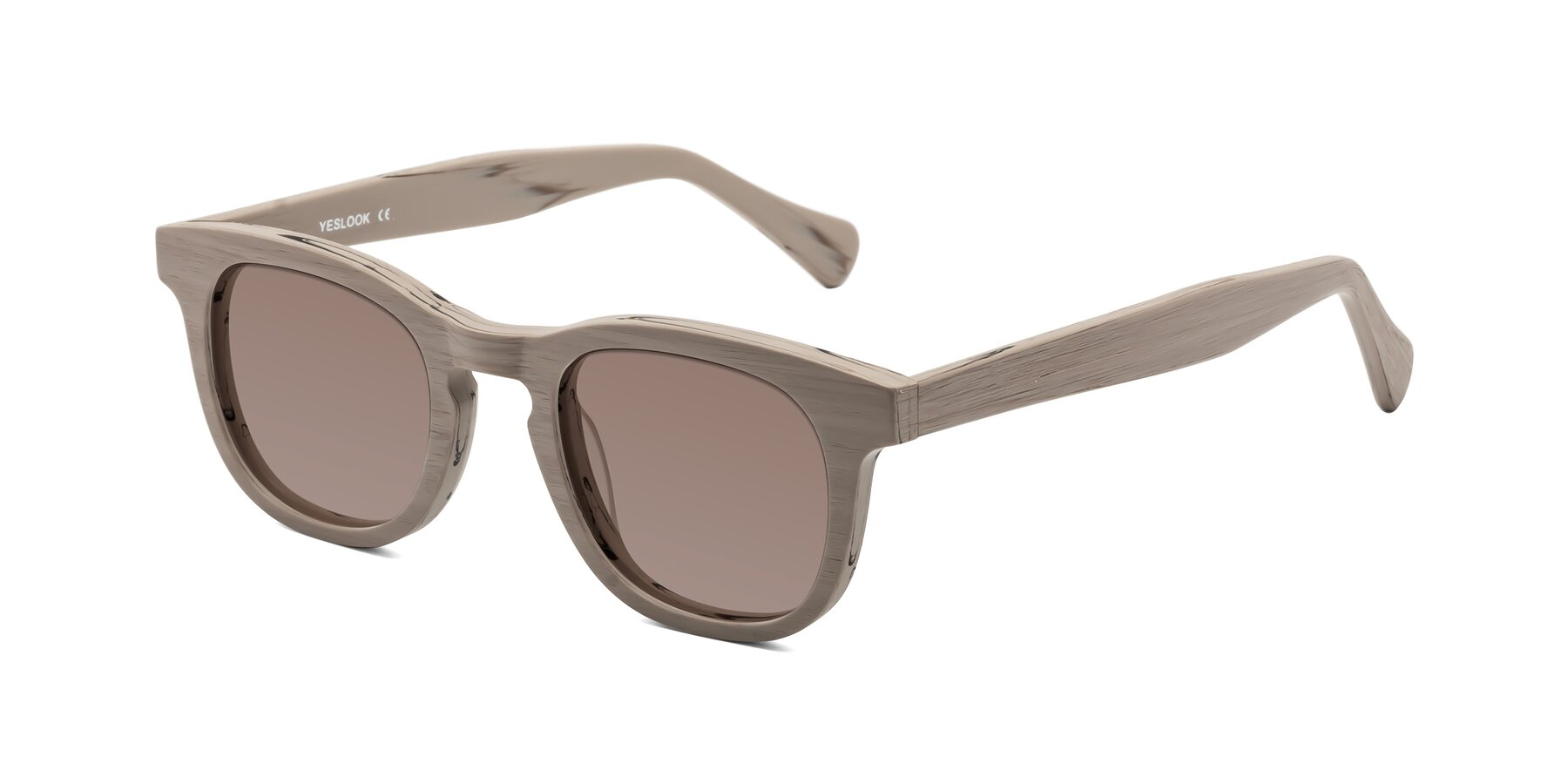 Angle of Tonia in Pale Mauve Woodgrain with Medium Brown Tinted Lenses