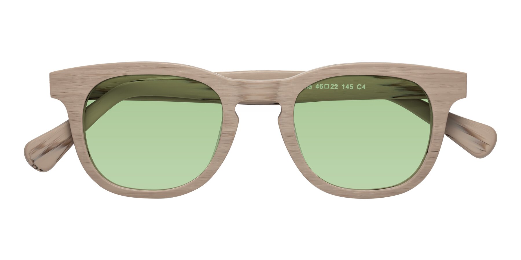 Folded Front of Tonia in Pale Mauve Woodgrain with Medium Green Tinted Lenses