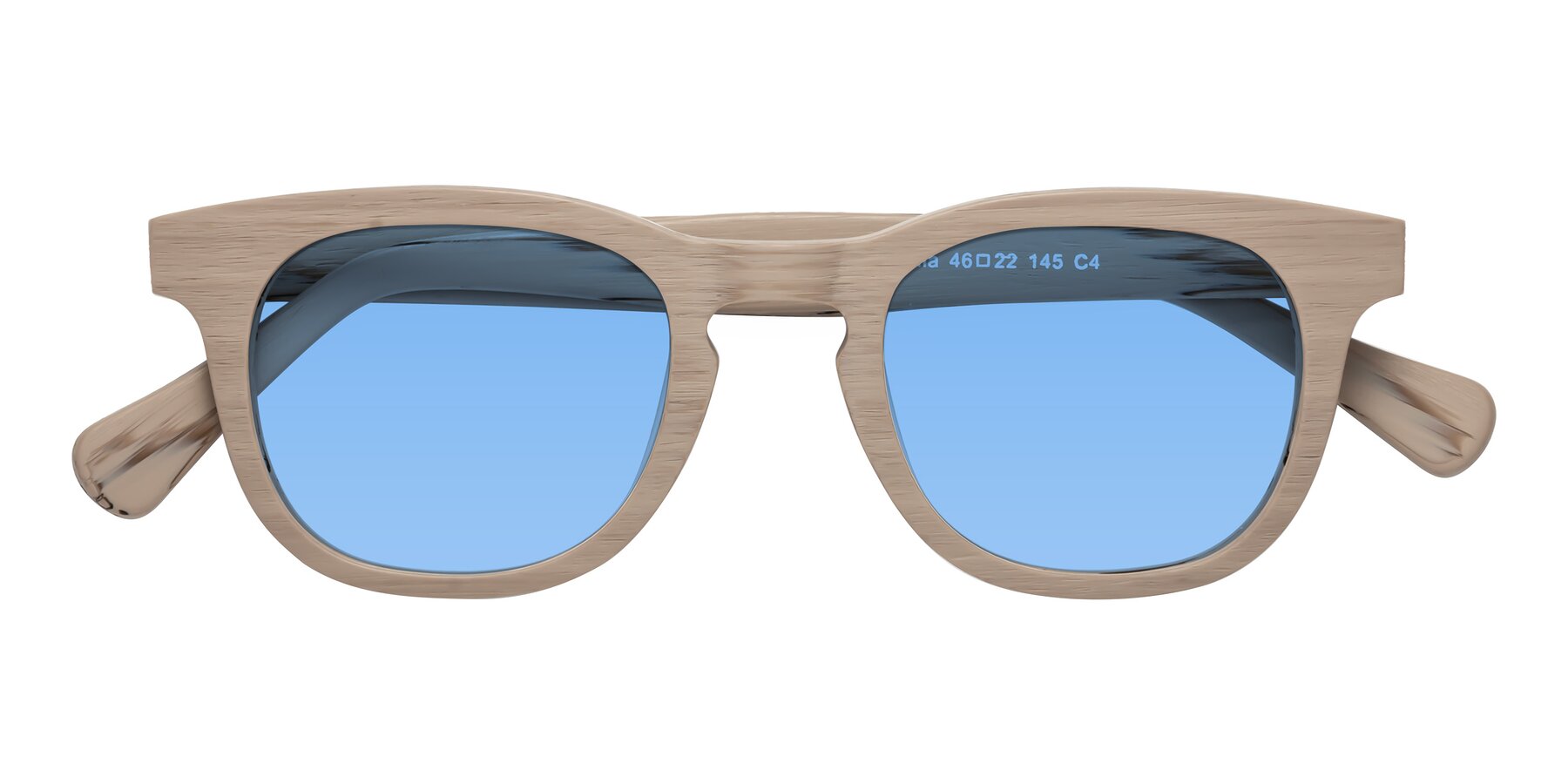 Folded Front of Tonia in Pale Mauve Woodgrain with Medium Blue Tinted Lenses