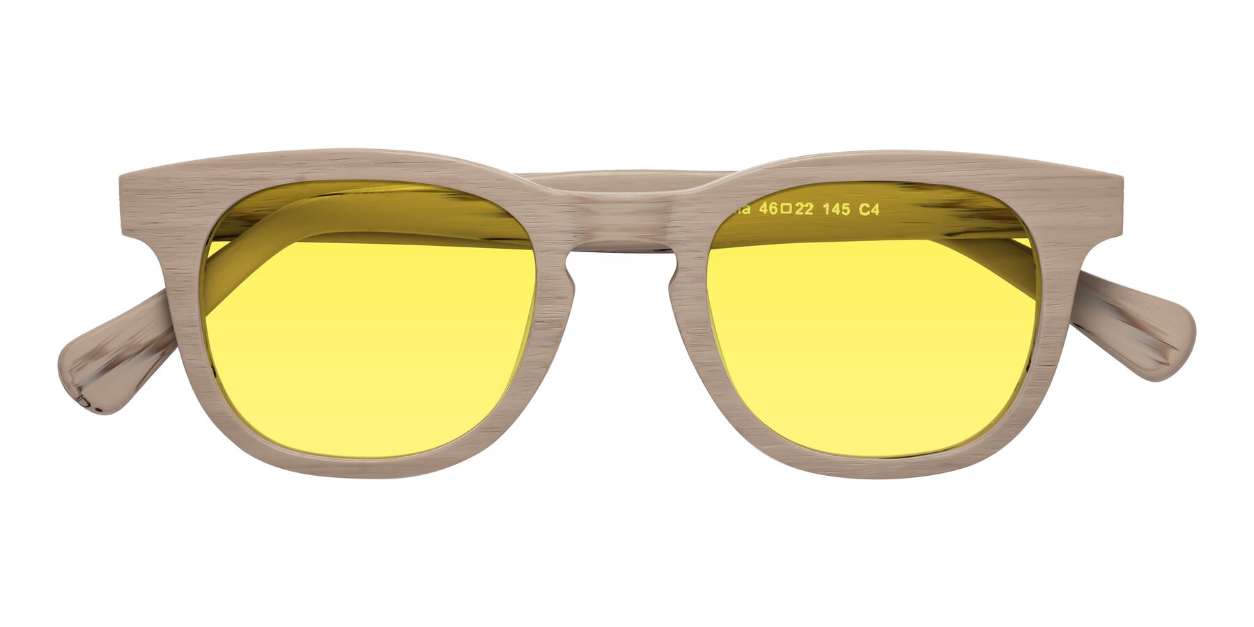 Folded Front of Tonia in Pale Mauve Woodgrain with Medium Yellow Tinted Lenses