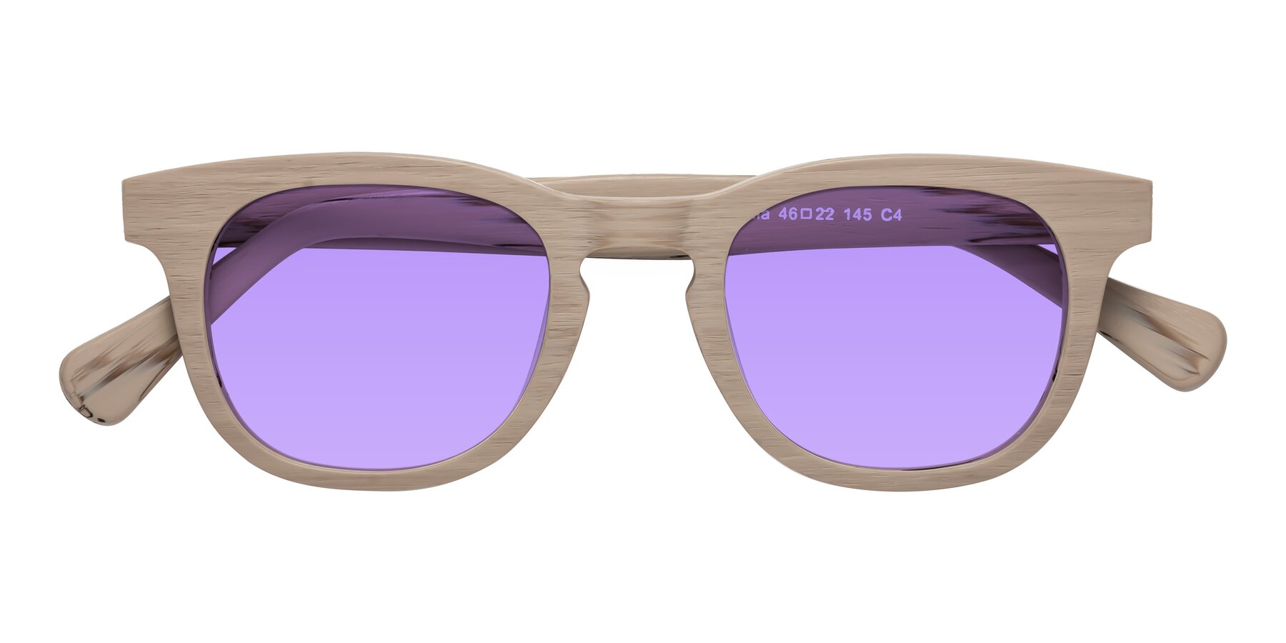 Folded Front of Tonia in Pale Mauve Woodgrain with Medium Purple Tinted Lenses