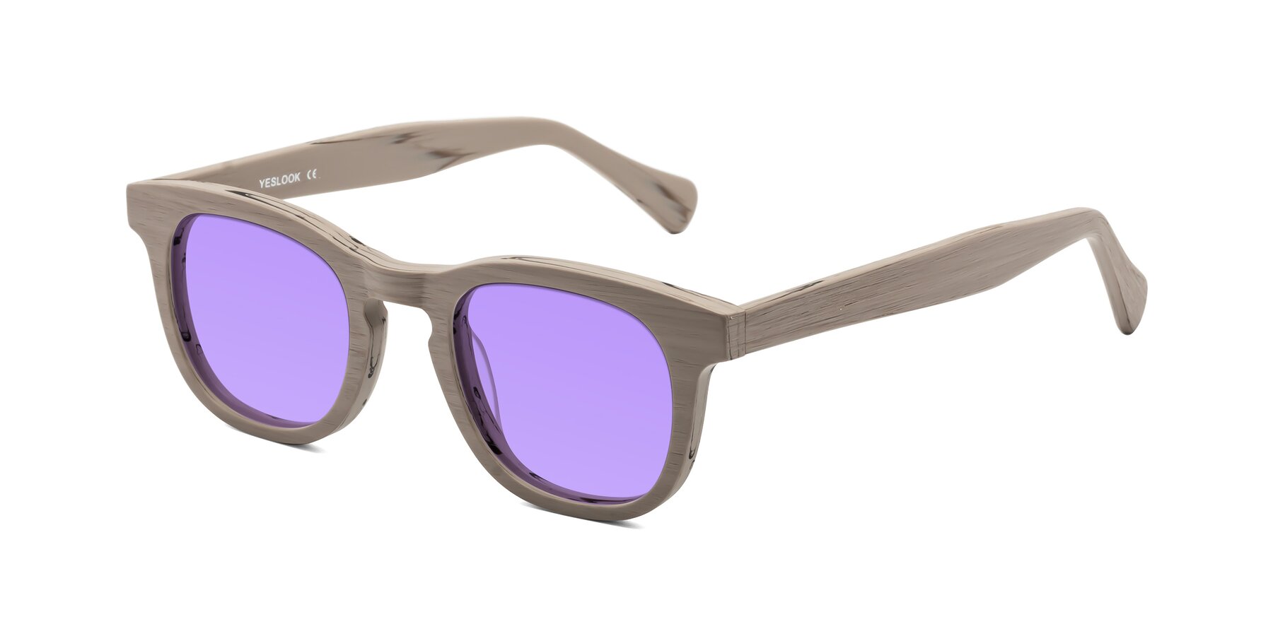 Angle of Tonia in Pale Mauve Woodgrain with Medium Purple Tinted Lenses