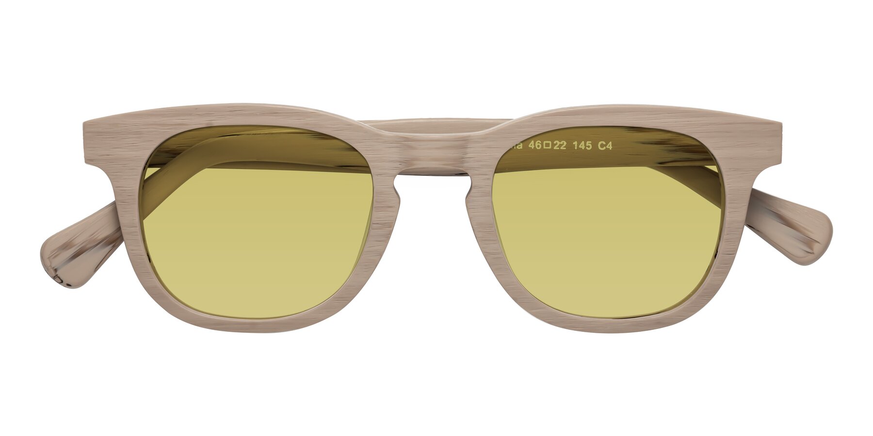 Folded Front of Tonia in Pale Mauve Woodgrain with Medium Champagne Tinted Lenses