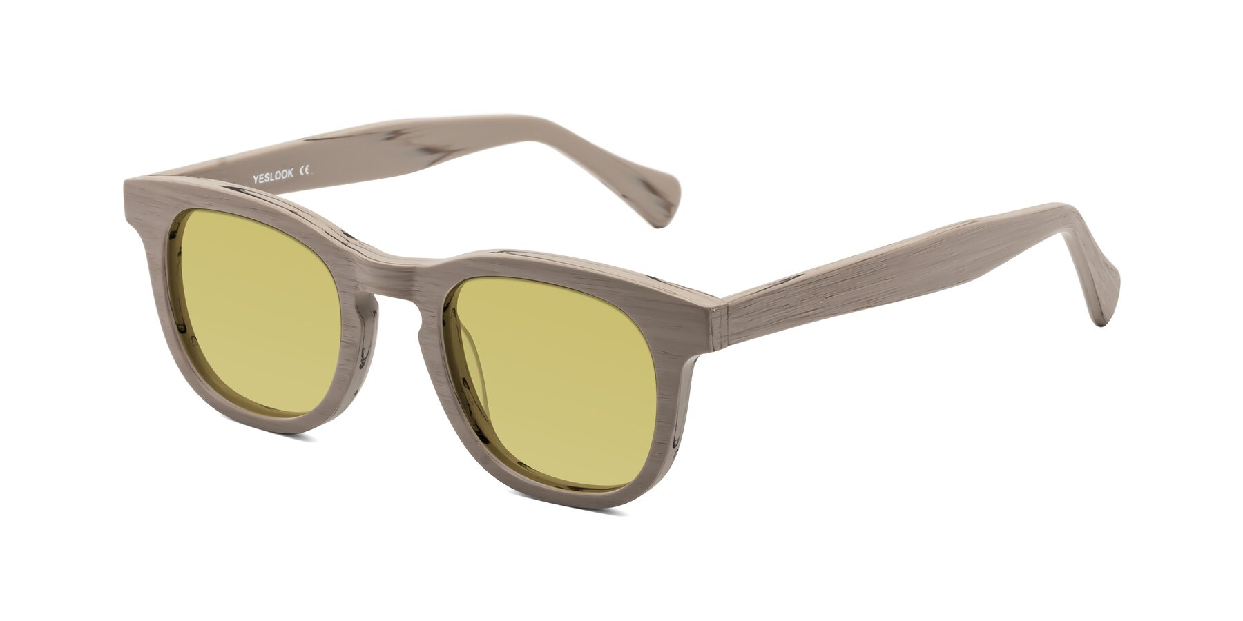 Angle of Tonia in Pale Mauve Woodgrain with Medium Champagne Tinted Lenses