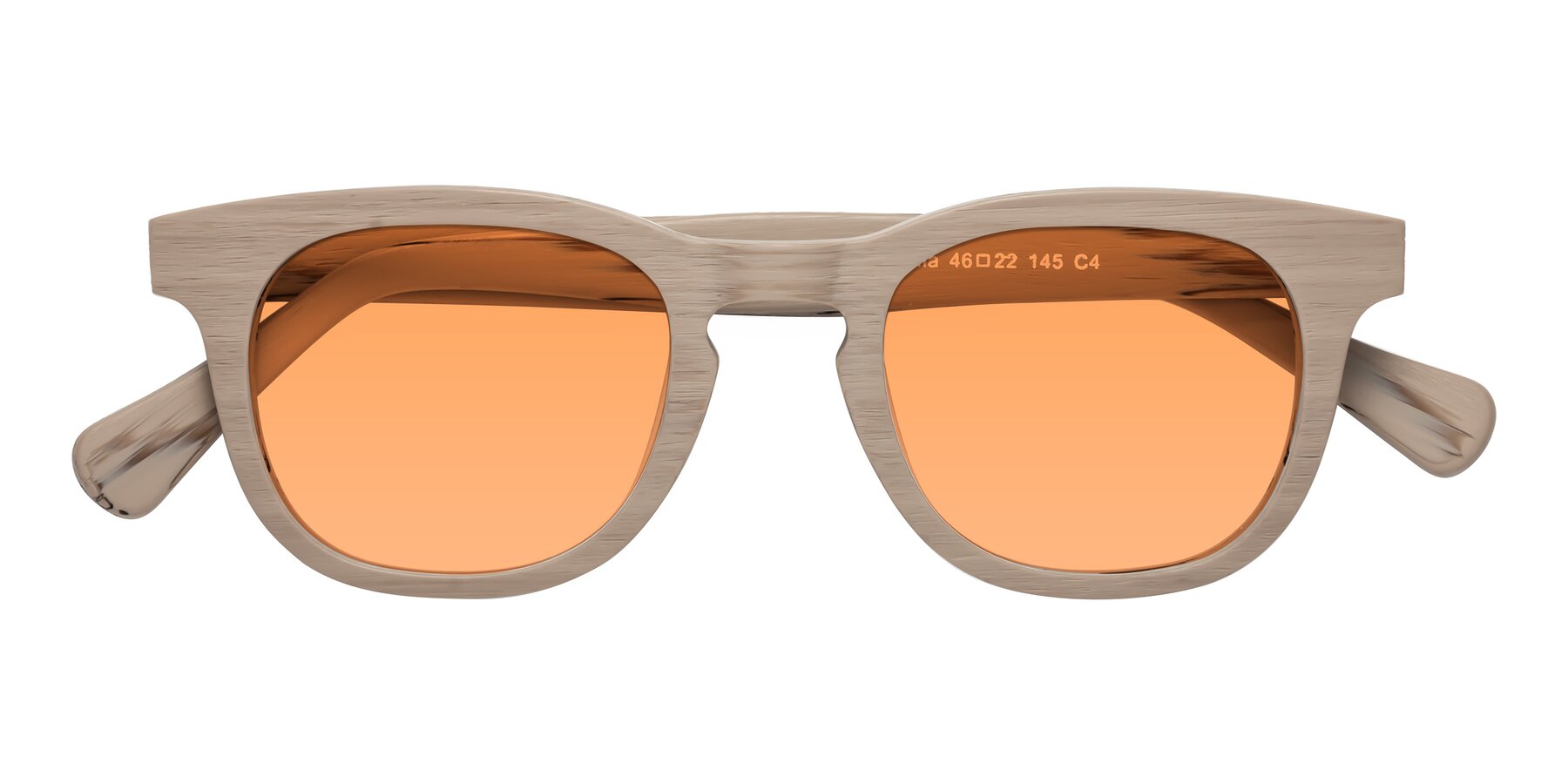 Folded Front of Tonia in Pale Mauve Woodgrain with Medium Orange Tinted Lenses