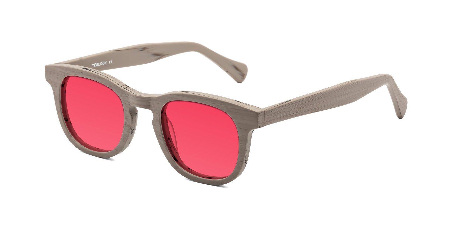 Angle of Tonia in Pale Mauve Woodgrain with Red Tinted Lenses