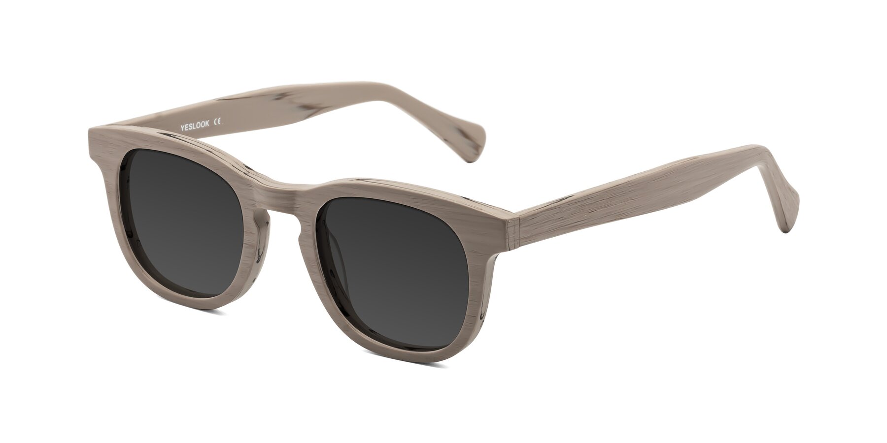 Angle of Tonia in Pale Mauve Woodgrain with Gray Tinted Lenses