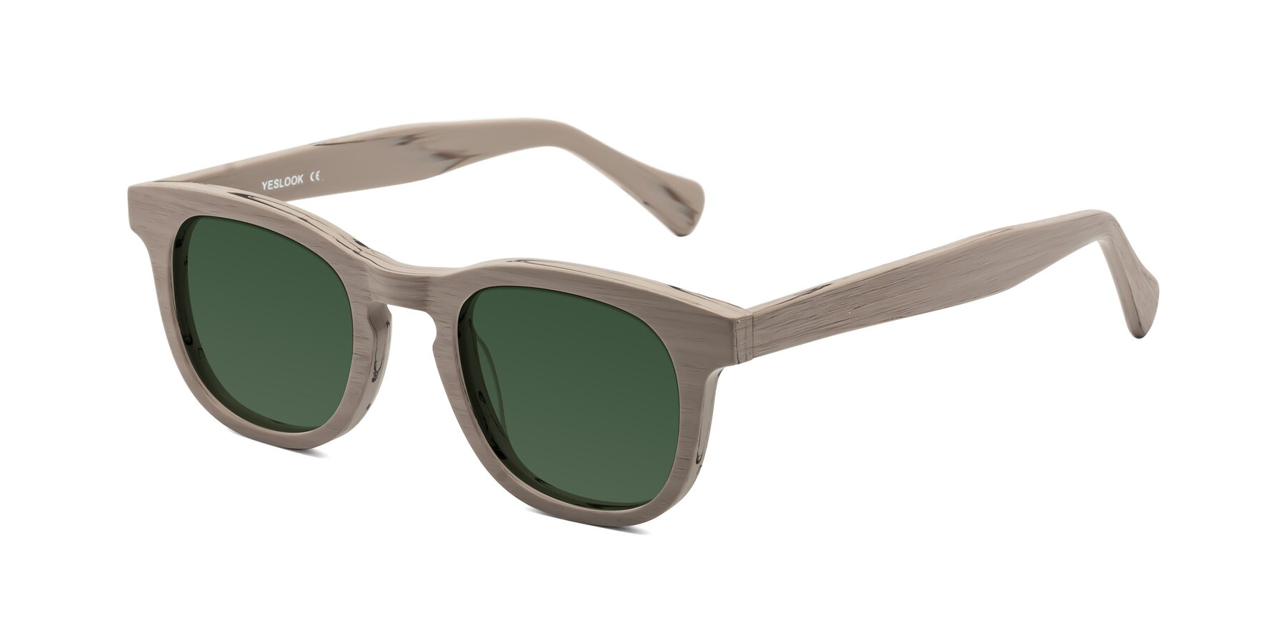 Angle of Tonia in Pale Mauve Woodgrain with Green Tinted Lenses