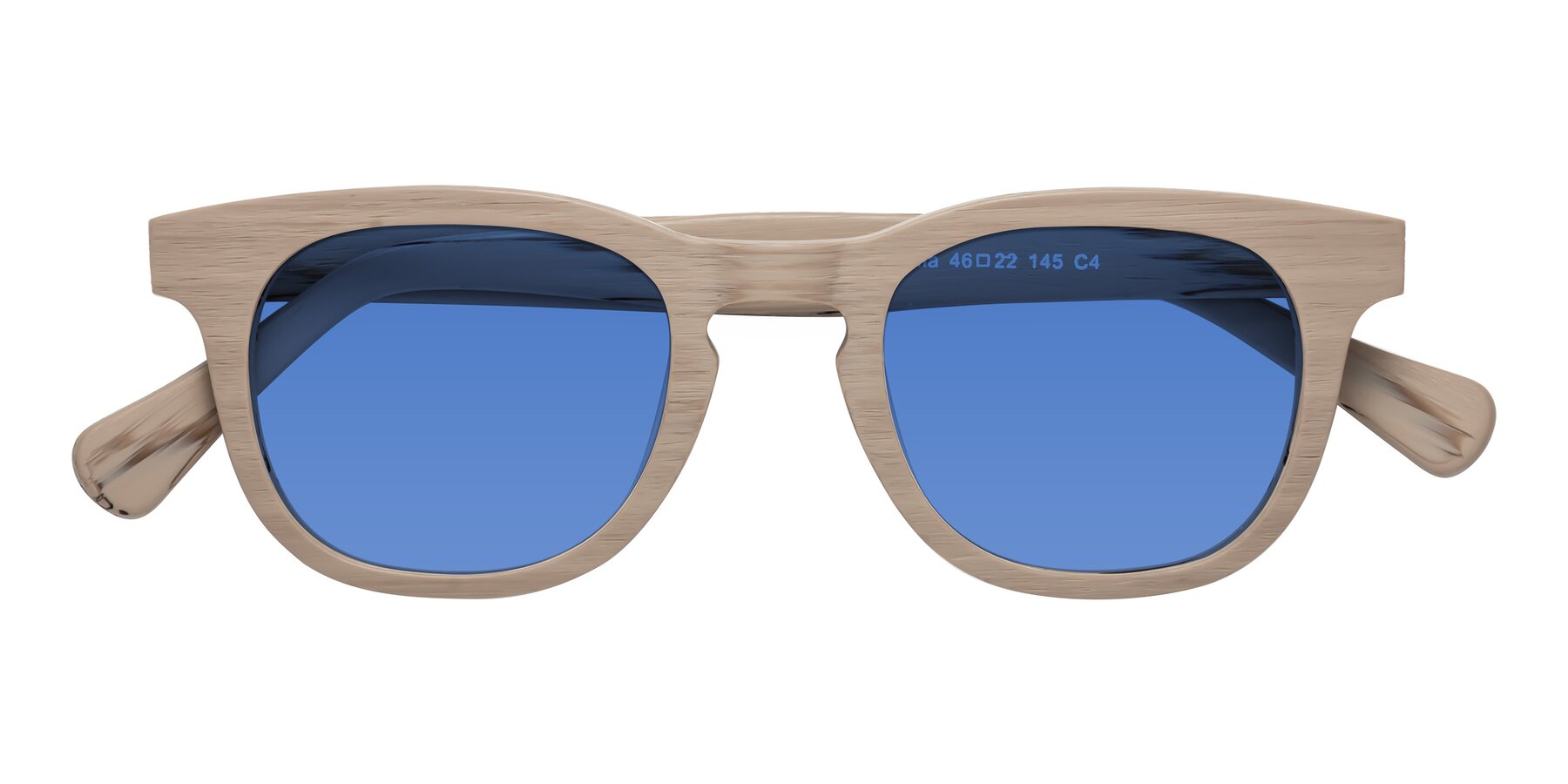 Folded Front of Tonia in Pale Mauve Woodgrain with Blue Tinted Lenses