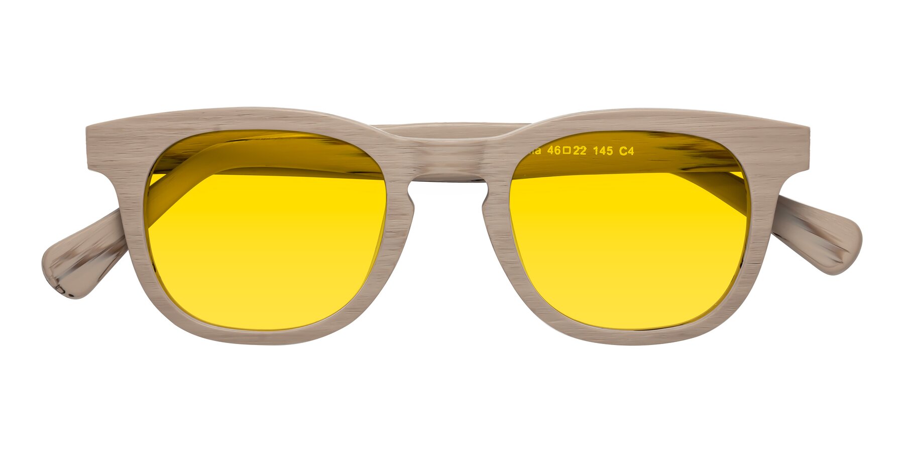 Folded Front of Tonia in Pale Mauve Woodgrain with Yellow Tinted Lenses