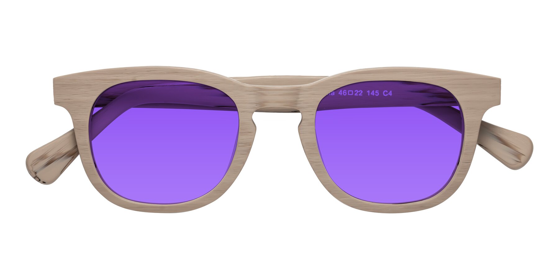 Folded Front of Tonia in Pale Mauve Woodgrain with Purple Tinted Lenses