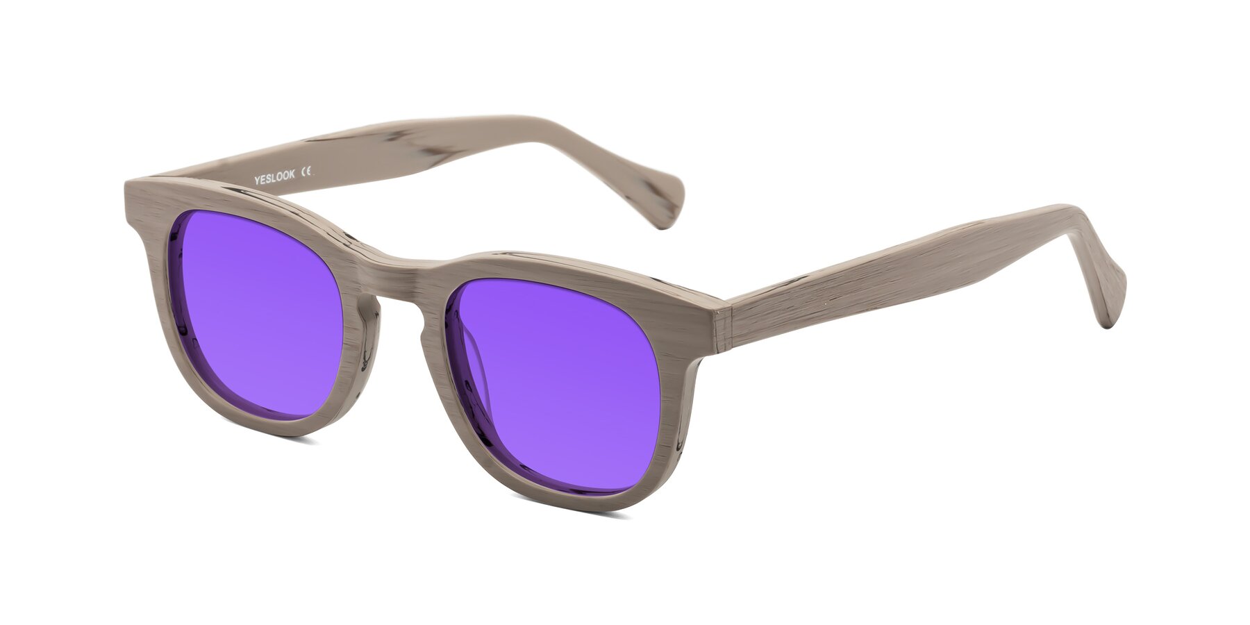 Angle of Tonia in Pale Mauve Woodgrain with Purple Tinted Lenses