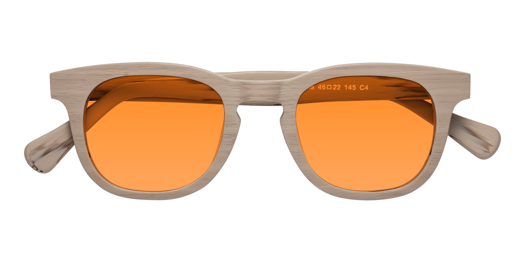 Folded Front of Tonia in Pale Mauve Woodgrain with Orange Tinted Lenses