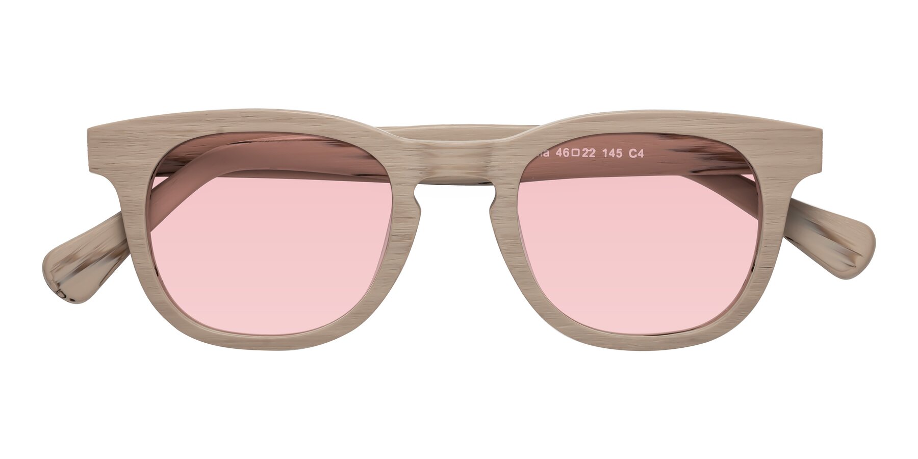 Folded Front of Tonia in Pale Mauve Woodgrain with Light Garnet Tinted Lenses