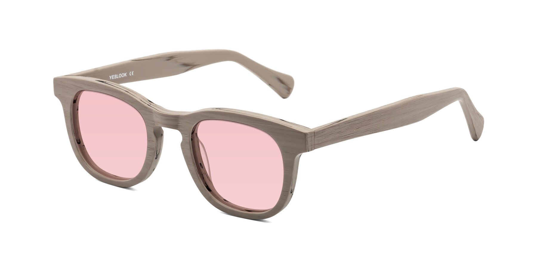 Angle of Tonia in Pale Mauve Woodgrain with Light Garnet Tinted Lenses